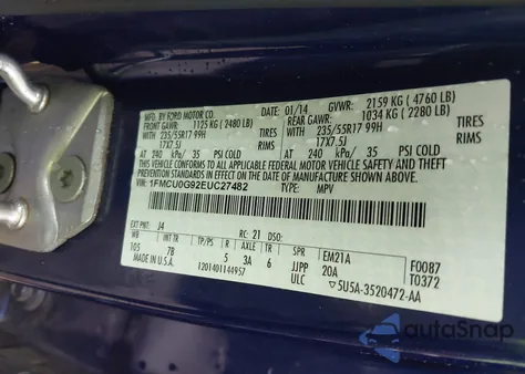 2014 Ford Escape Se from USA, damaged, VIN 1FMCU0G92EUC27482
